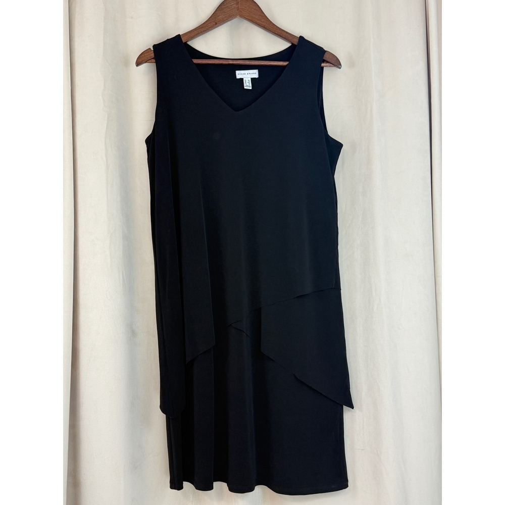 Susan Graver Sleeveless Liquid Knit V-Neck Black Midi Dress Size MP Medium